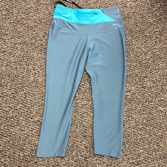 Nike Dri-fit Capri Running Pants size Small Gray & Blue, zip waistband pocket - Picture 10 of 12
